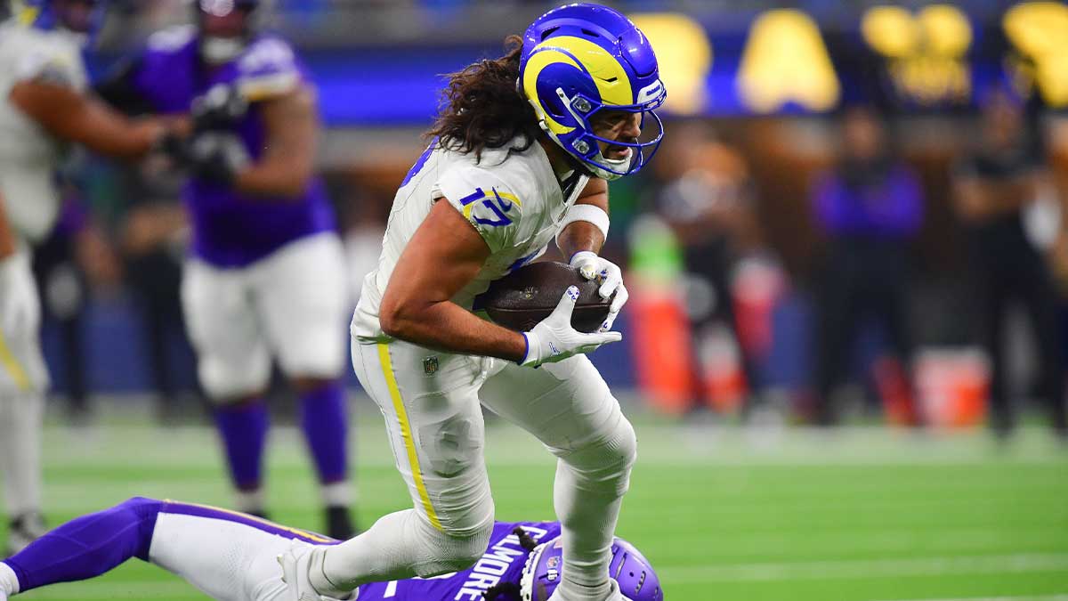 Los Angeles Rams wide receiver Puka Nacua (17) runs the ball against Minnesota Vikings cornerback Stephon Gilmore (2) during the first half at SoFi Stadium.