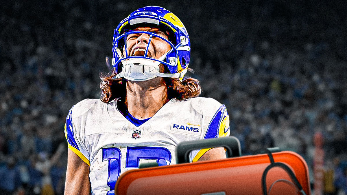 Rams WR Puka Nacua with medical kit next to him, SoFi Stadium in back
