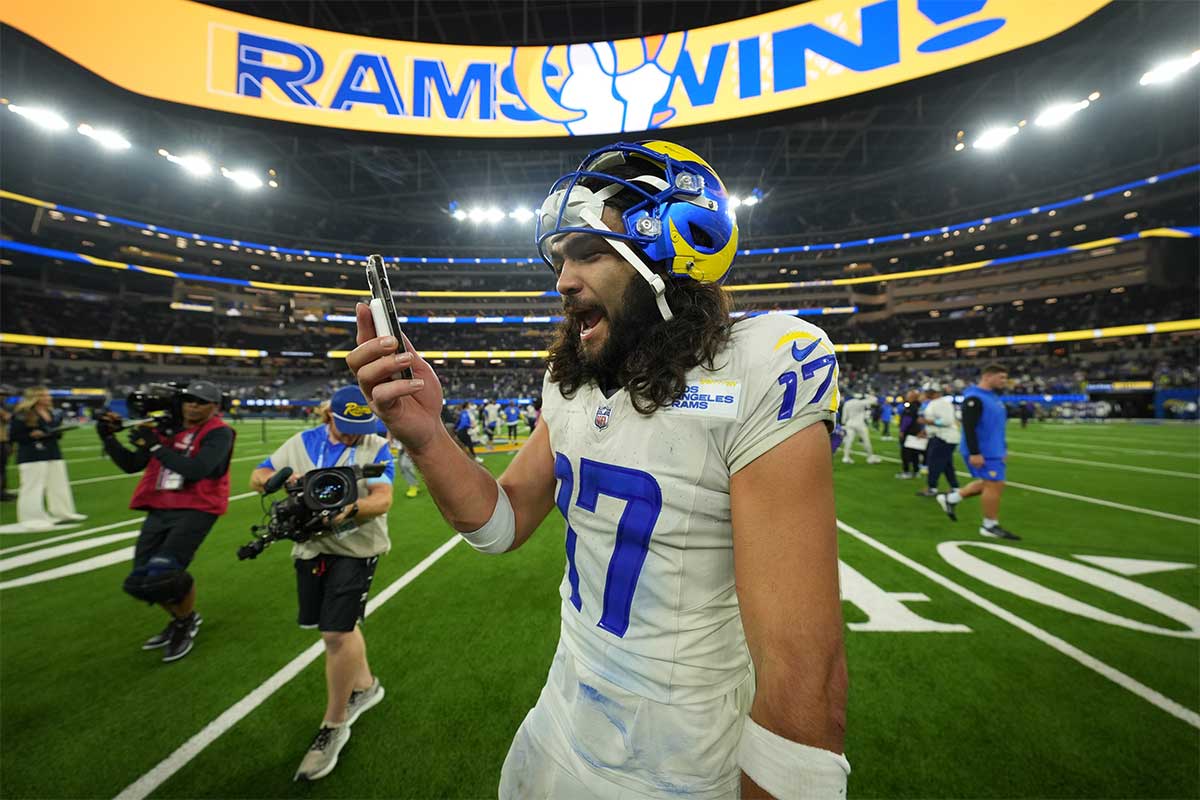 Los Angeles Rams wide receiver Puka Nacua (17) reacts after the game against the Minnesota Vikings at SoFi Stadium.