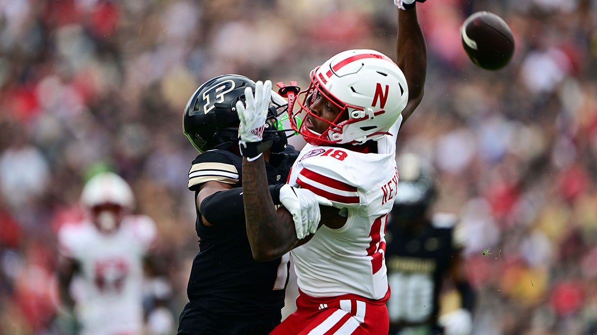 Nebraska Cornhuskers wide receiver Isaiah Neyor (18) cannot catch a pass against Purdue Boilermakers defensive back Markevious Brown (1) during the second quarter at Ross-Ade Stadium.