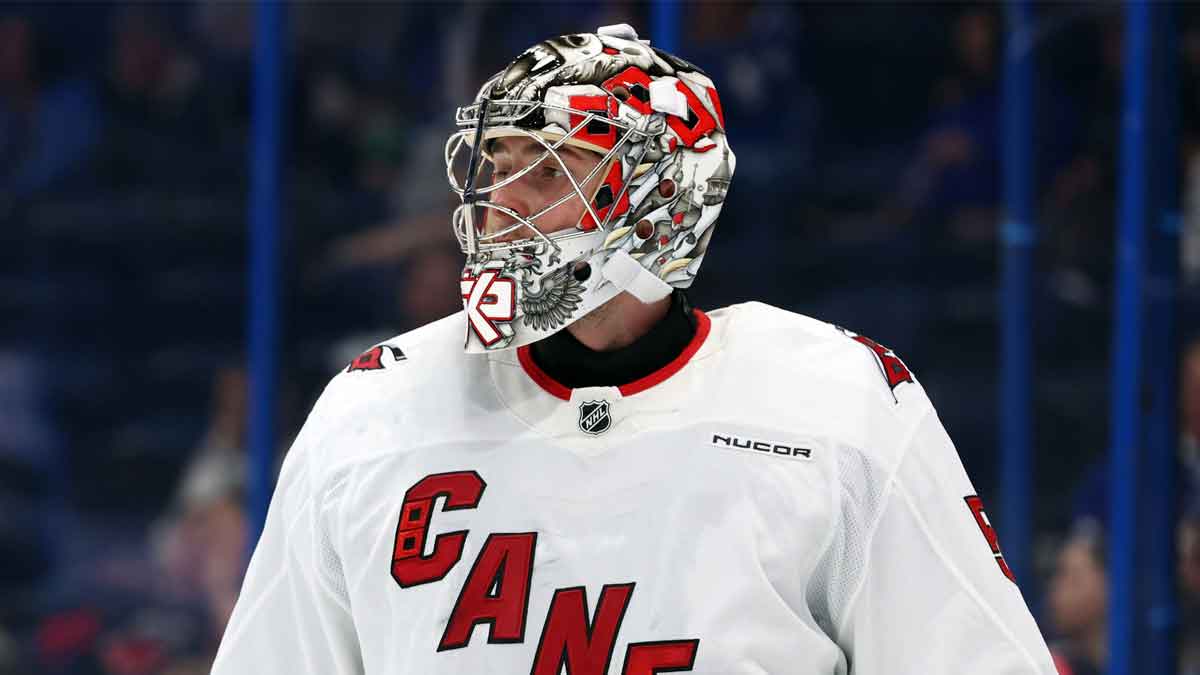 Carolina Hurricanes goaltender Pyotr Kochetkov (52) looks on against the Tampa Bay Lightning during the third period at Amalie Arena.