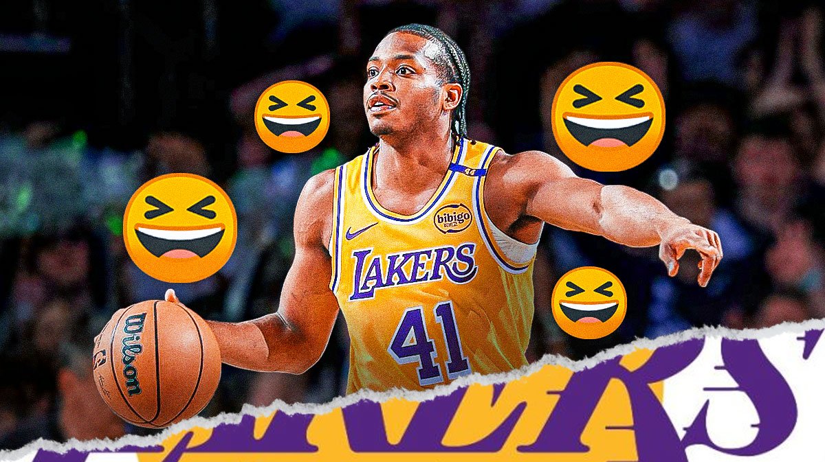 Quincy Olivari with laughing emojis featuring a Lakers-themed BG.