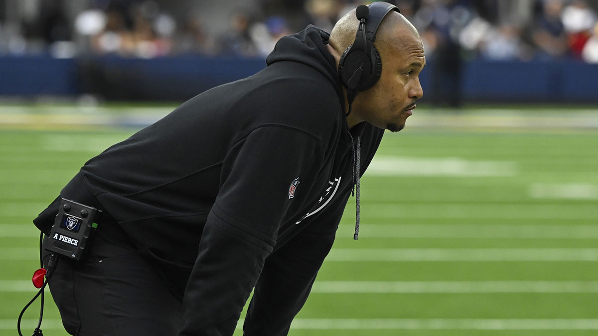 Las Vegas Raiders head coach Antonio Pierce on the sidelines against the Los Angeles Rams at SoFi Stadium