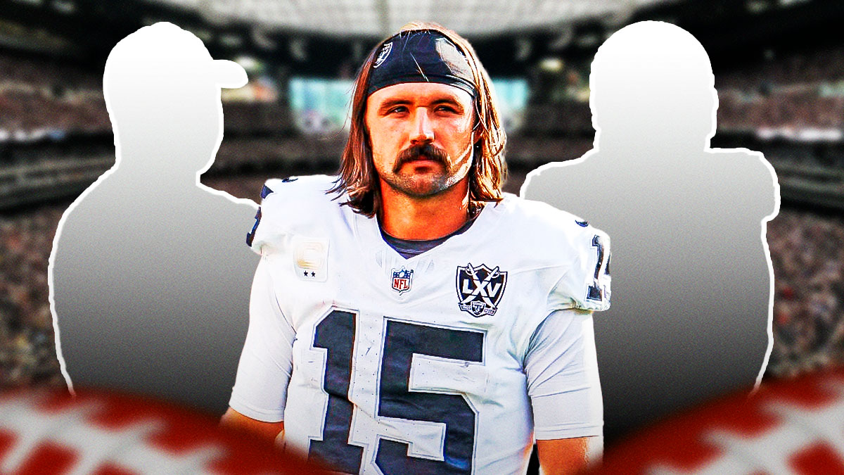 Raiders Gardner Minshew and the silhouette of Davante Adams and Luke Getsy