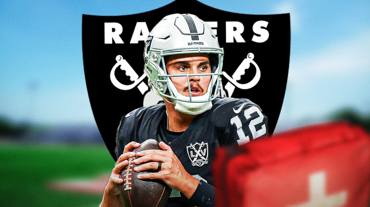 Raiders' Aidan O'Connell with a medic kit next to the Raiders logo