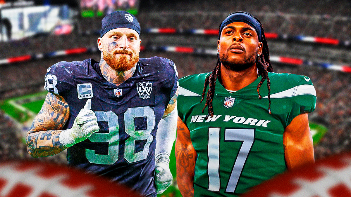Maxx Crosby in a Raiders uniform. Davante Adams in a Jets uniform