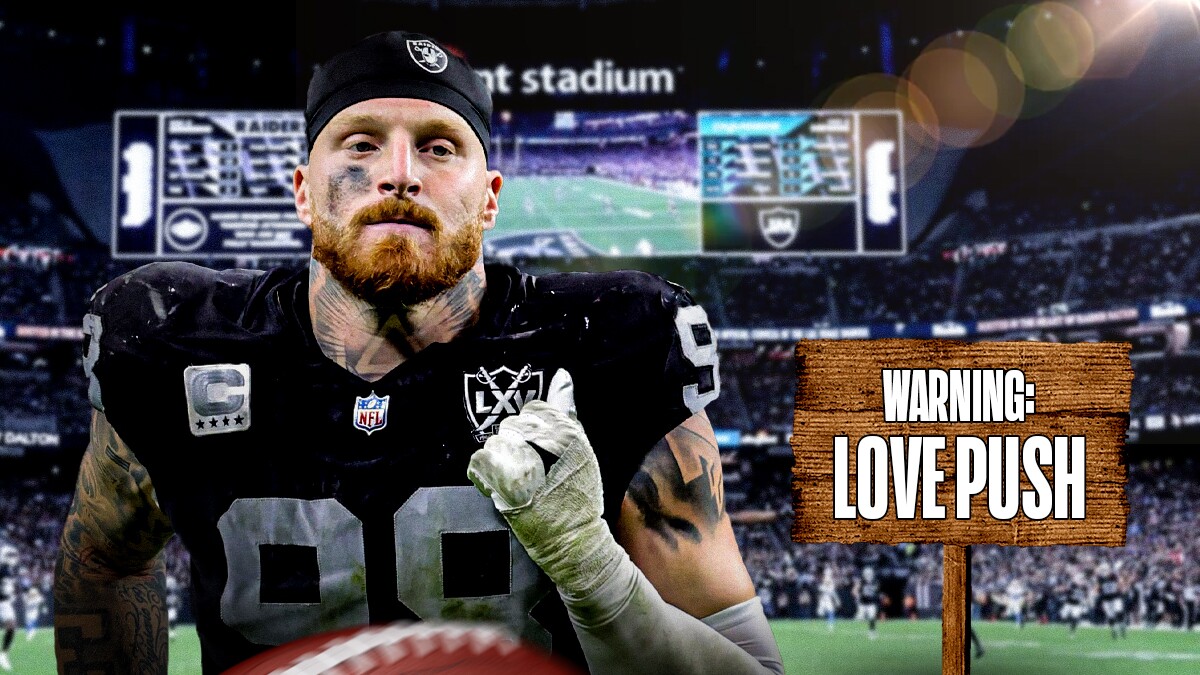 Raiders' Maxx Crosby next to a sign that says "WARNING: LOVE PUSH"