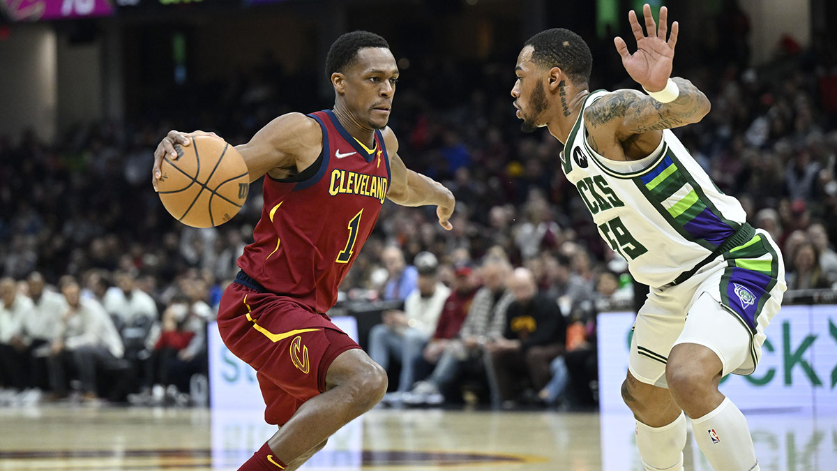 Cleveland Cavaliers guard Rajon Rondo (1) drives against Milwaukee Bucks guard Rayjon Tucker (59) in the second quarter at Rocket Mortgage FieldHouse.