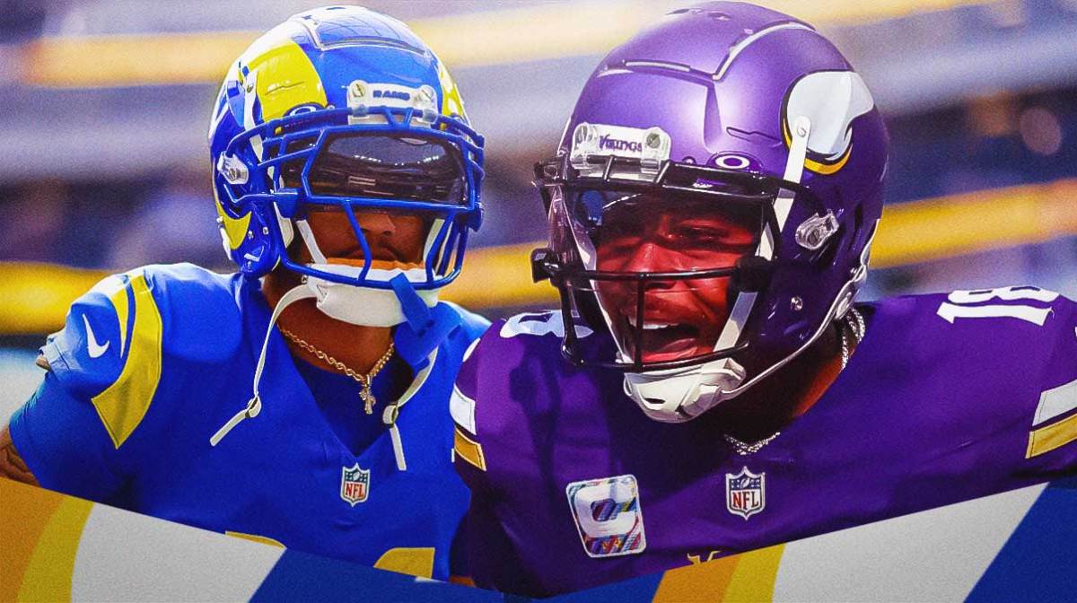 Cobie Durant next to Justin Jefferson in front of the Rams stadium.