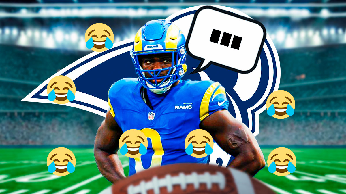 Los Angeles Rams linebacker Byron Young with a speech bubble that has the three dots emoji inside. He is surrounded by laughing emojis (😂). There is also a logo for the Los Angeles Rams.