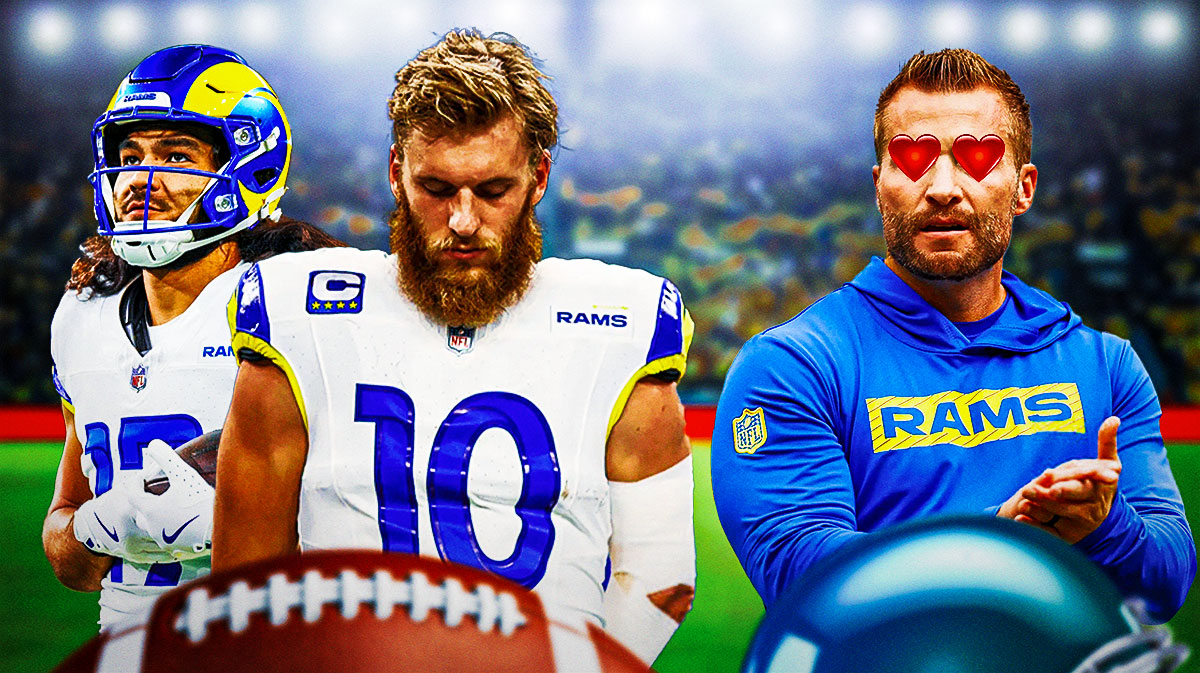 Los Angeles Rams head coach Sean McVay with hearts over his eyes while he's looking at Rams wide receivers Cooper Kupp and Puka Nacua.