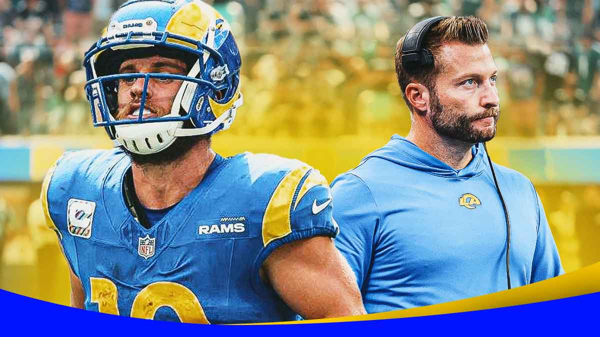 Sean McVay next to Cooper Kupp with the Rams stadium as the background.