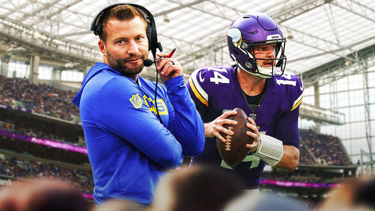 Sean McVay next to Sam Darnold with the Vikings stadium as the background.