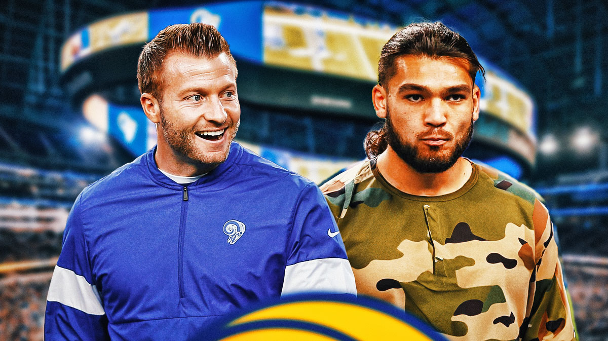 Puka Nacua in all camo with Sean McVay smiling