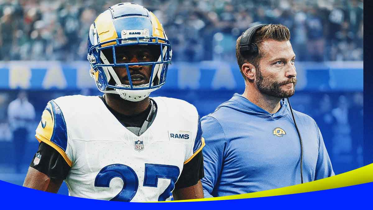 Tre'Davious White next to Sean McVay with the Rams stadium as the background