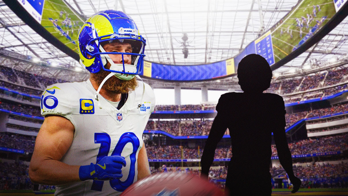 Cooper Kupp next to the blacked-out silhouette of Tre'Davious White with the Rams Stadium as the background