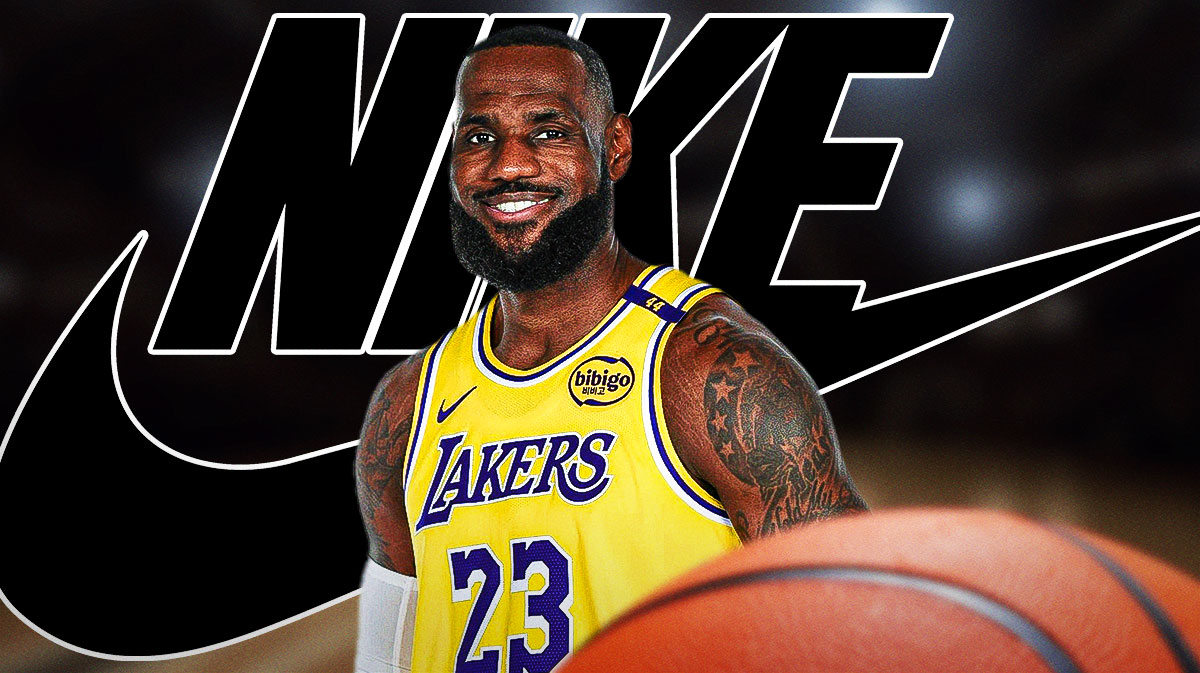 LeBron James in front of a Nike logo.