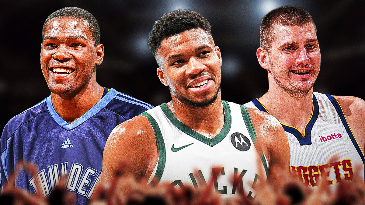 Giannis Antetokounmpo, Nikola Jokic, and Kevin Durant all celebrating.