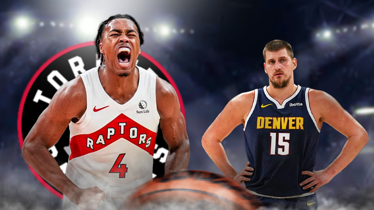 Raptors' Scottie Barnes next to Nuggets' Nikola Jokic