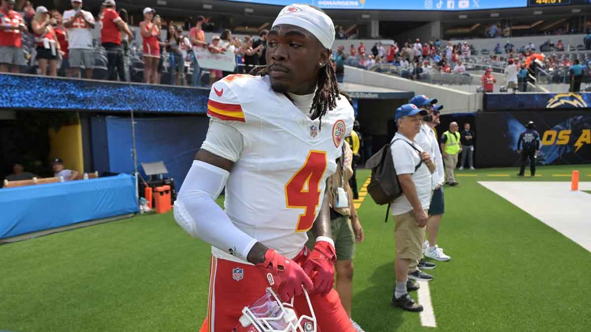 Kansas City Chiefs wide receiver Rashee Rice (4) leaves the field following the game against the Los Angeles Chargers at SoFi Stadium.