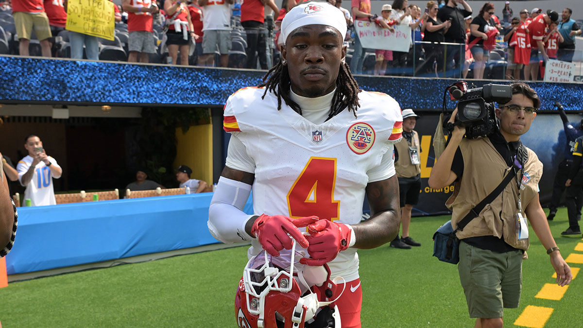 Kansas City Chiefs wide receiver Rashee Rice (4) leaves the field following the game against the Los Angeles Chargers at SoFi Stadium.