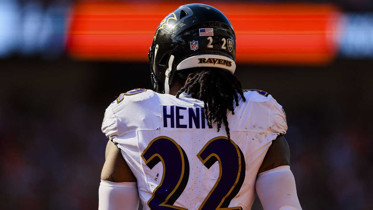 Baltimore Ravens running back Derrick Henry (22) stands on the field in the second half against the Cincinnati Bengals at Paycor Stadium.