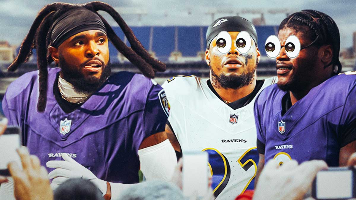 Diontae Johnson on one side in a Baltimore Ravens uniform, Lamar Jackson and Derrick Henry on the other side with the big eyes emoji over their faces