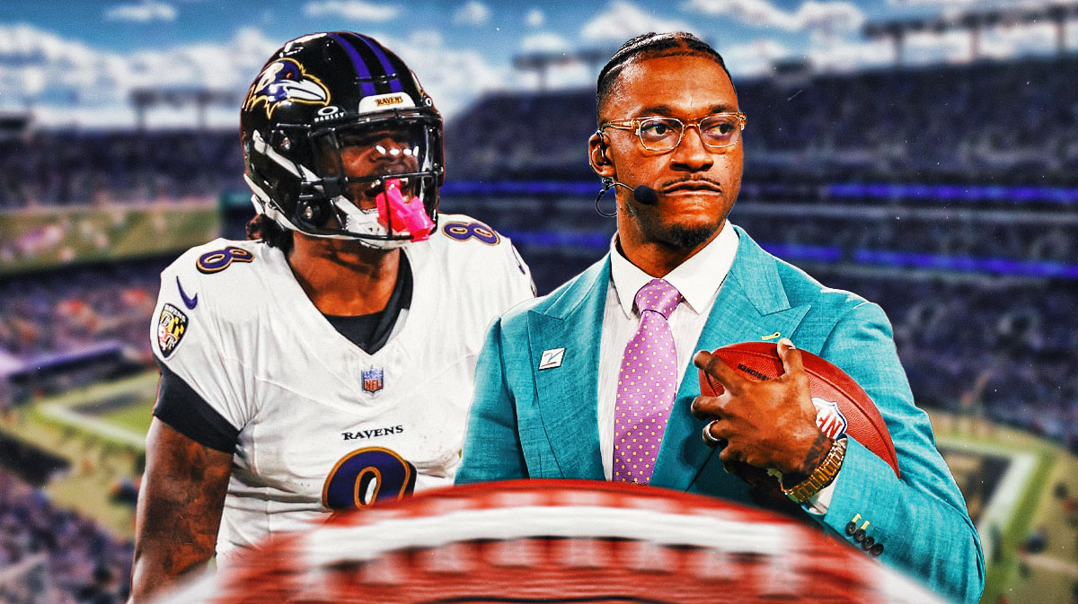Baltimore Ravens star Lamar Jackson and Robert Griffin III in front of M&T Bank Stadium.