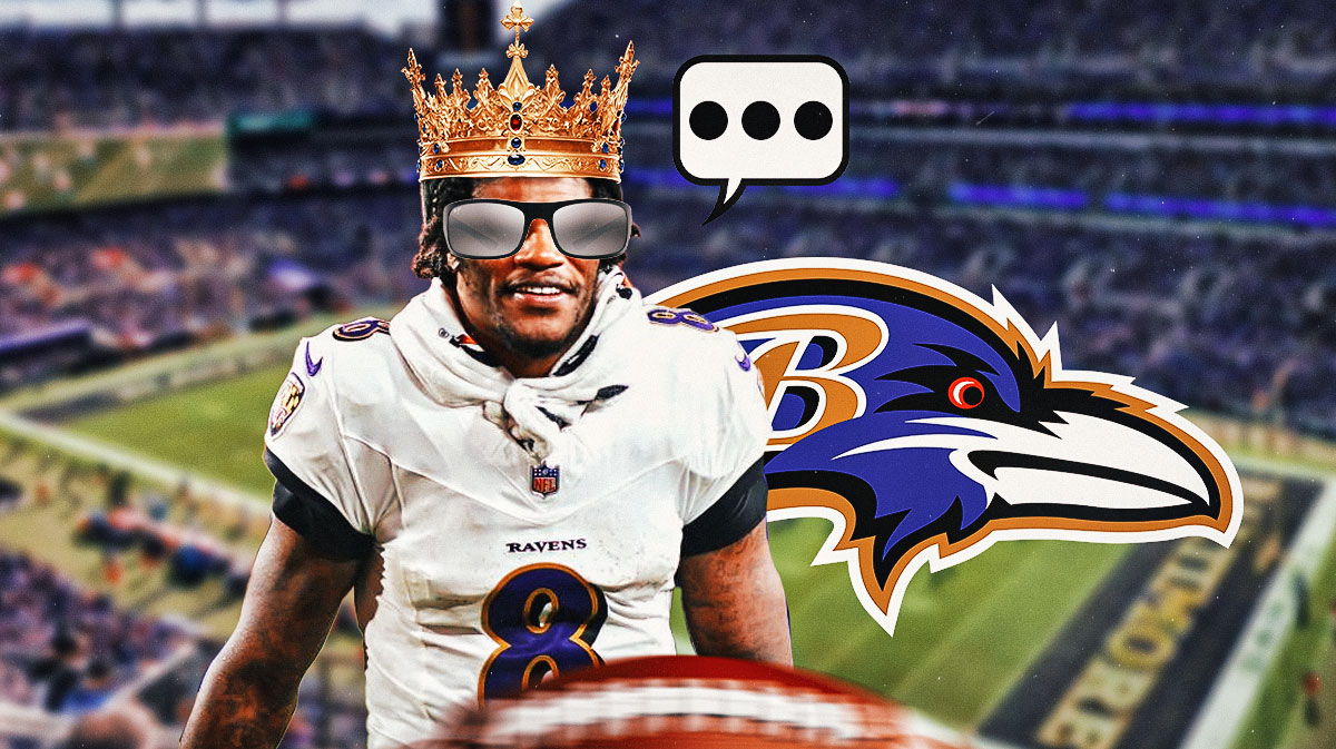 Baltimore Ravens QB Lamar Jackson wearing a crown and big sunglasses. He also has a speech bubble with the three dots emoji inside. There is also a logo for the Baltimore Ravens.