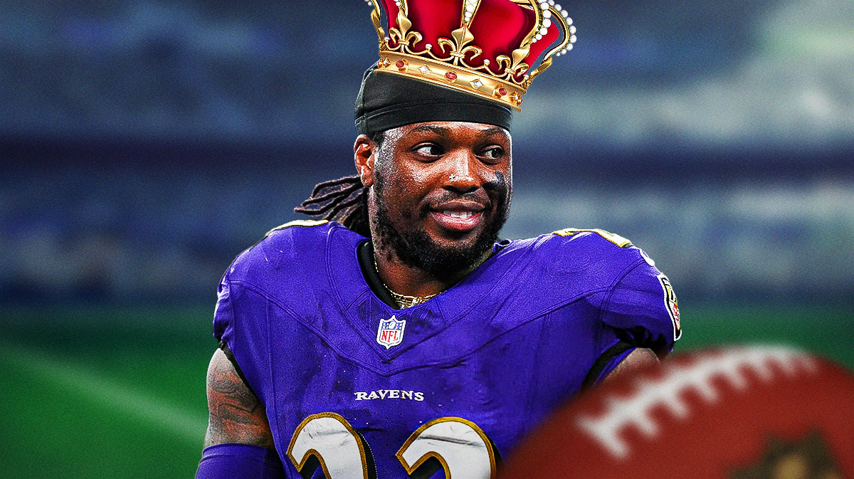 Derrick Henry in a Baltimore Ravens uniform with a crown on as Henry has more rushing yards than most teams and set a scoring record already this season.