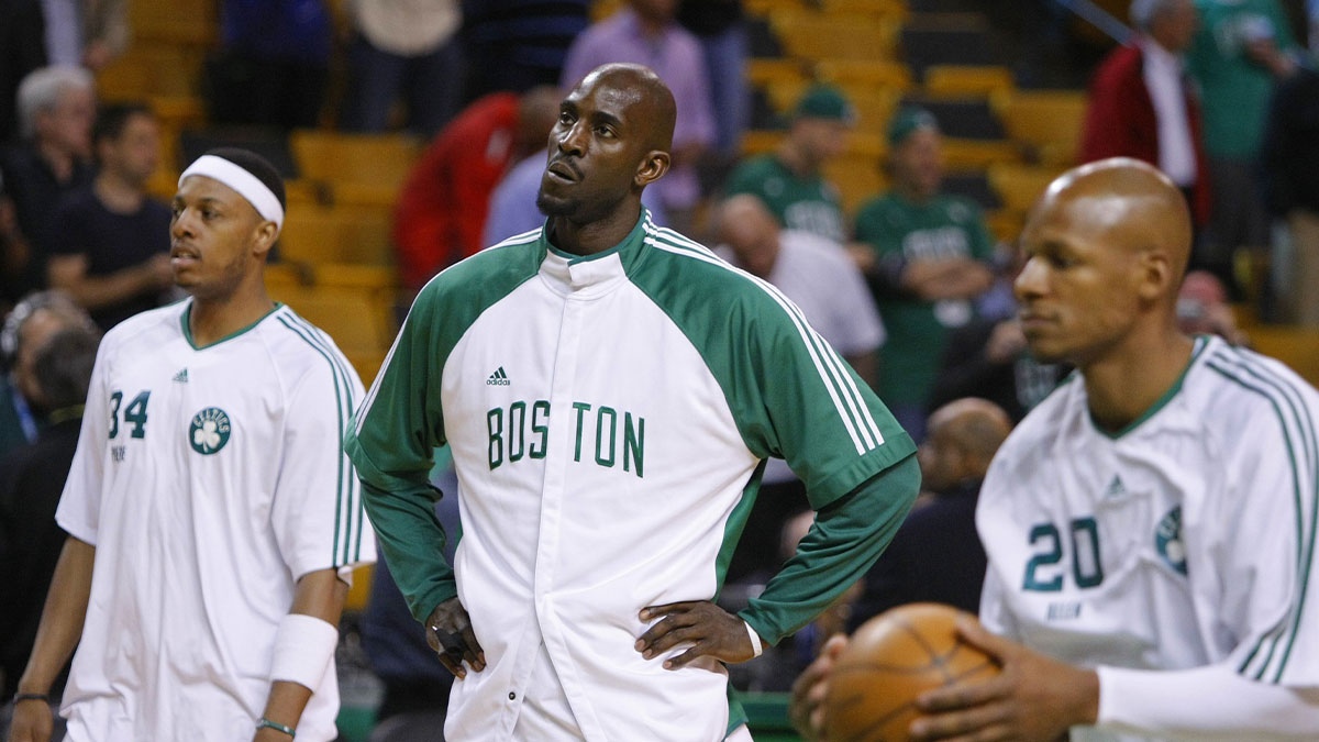 Boston Celtics forward Paul Pierce (34), forward Kevin Garnett (center), and guard Ray Allen (20) warm up before game six of the eastern conference semifinals in the 2010 NBA playoffs against the Cleveland Cavaliers at TD Garden