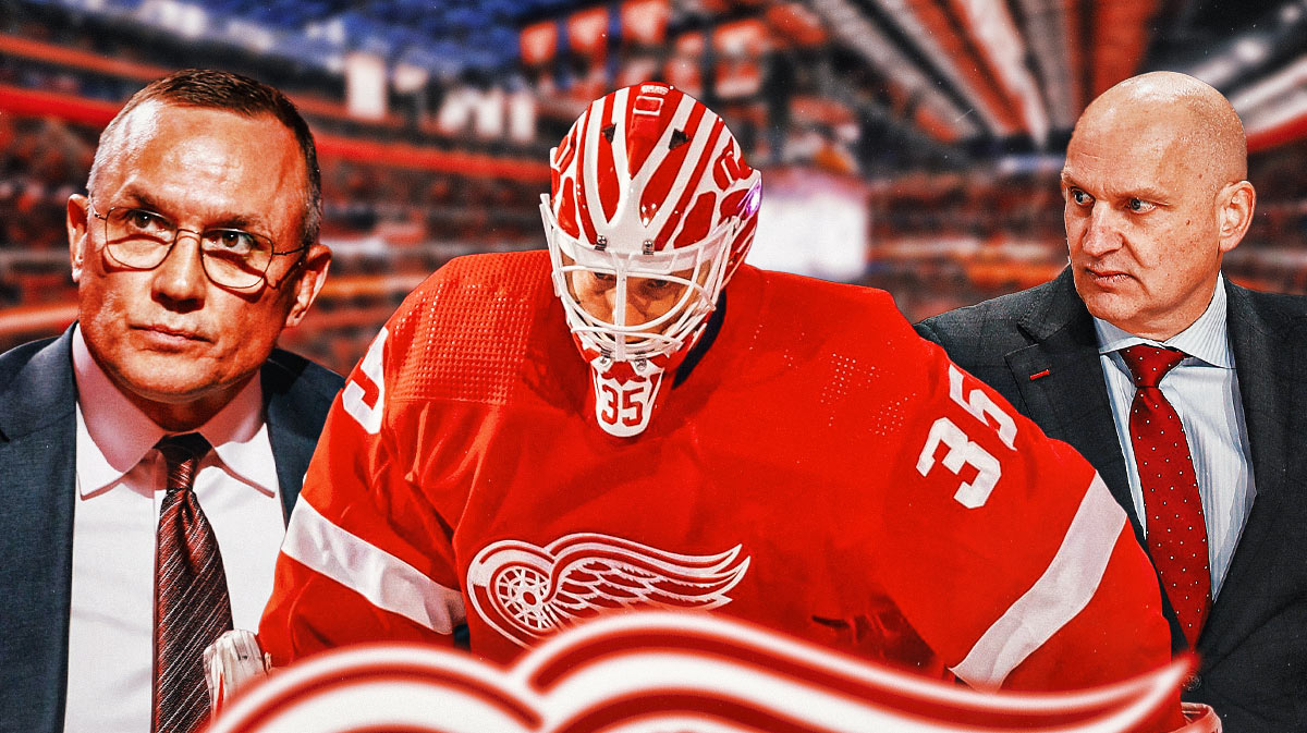 Former Detroit Red Wings goalie Ville Husso in center, Detroit Red Wings general manager Steve Yzerman on left side, Detroit Red Wings head coach Derek Lalonde on right side, Little Caesars Arena (home arena of the Detroit Red Wings) in background