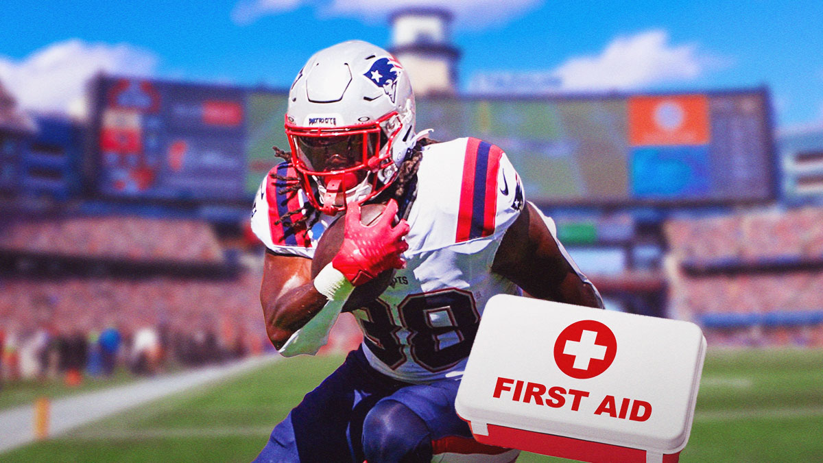 Rhamondre Stevenson in a New England Patriots uniform with a red and white first aid symbol as the injured Patriots RB expects to play as Stevenson recovers from injury, one of the patriots injuries heading into a matchup with the jaguars.