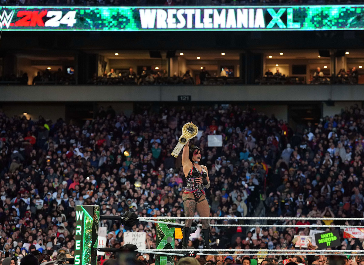Rhea Ripley after her WrestleMania XL victory over Becky Lynch on April 6, 2024.
