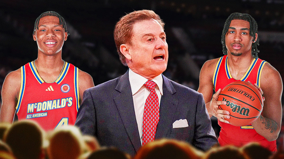 A photo of St. John's basketball coach Rick Pitino with a thought bubble that says "We know they're very talented" as he's standing to Rutgers freshmen Ace Bailey and Dylan Harper.