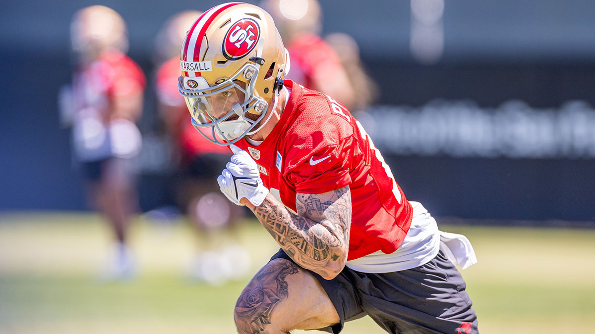 San Francisco 49ers wide receiver Ricky Pearsall (14) runs drills during the 49ers rookie minicamp at Levi’s Stadium in Santa Clara, CA