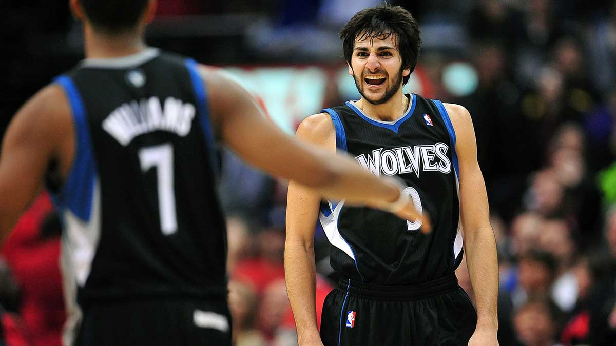 Minnesota Timberwolves point guard Ricky Rubio (9) reacts after scoring a three point basket to tie against the Los Angeles Clippers during the second half at Staples Center.