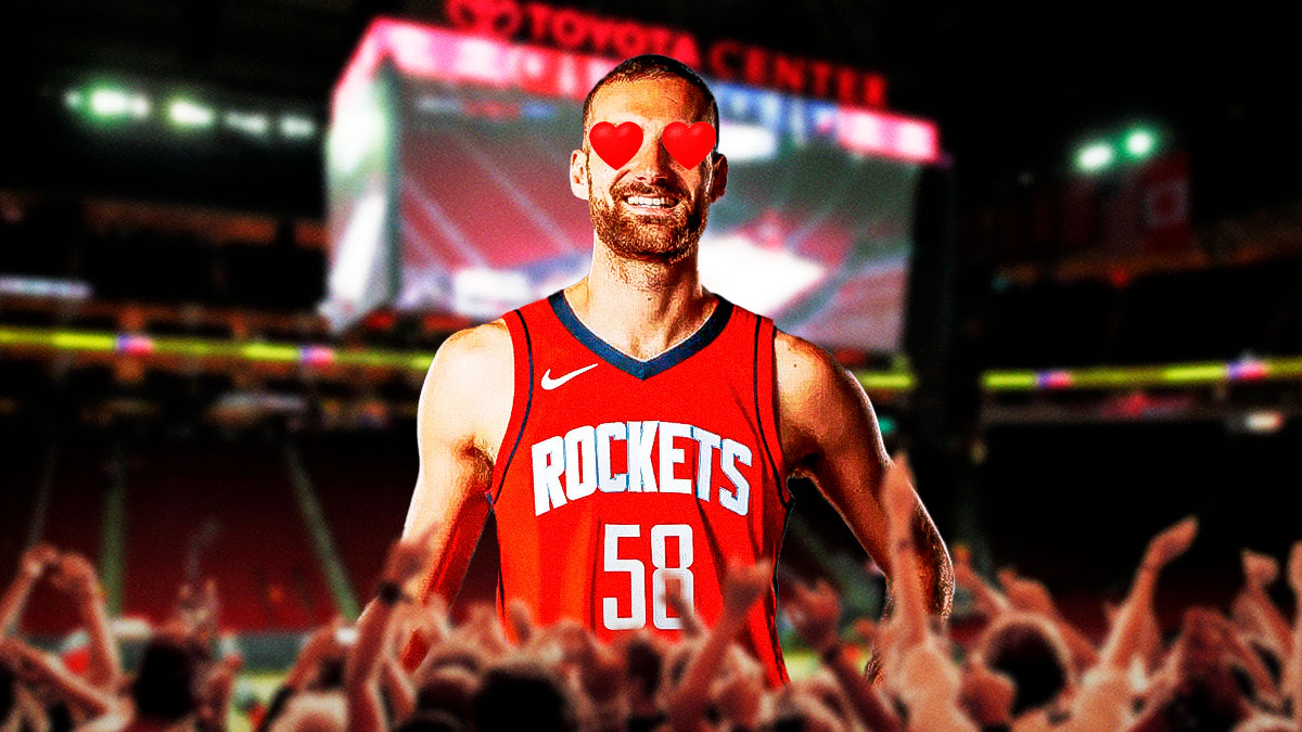 Houston Rockets forward Jack McVeigh in a No. 58 Rockets jersey with hearts over his eyes and a background of a basketball arena.
