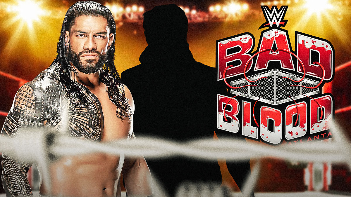 Roman Reigns next to the blacked-out silhouette of Logan Paul with the WWE Bad Blood logo as the background.