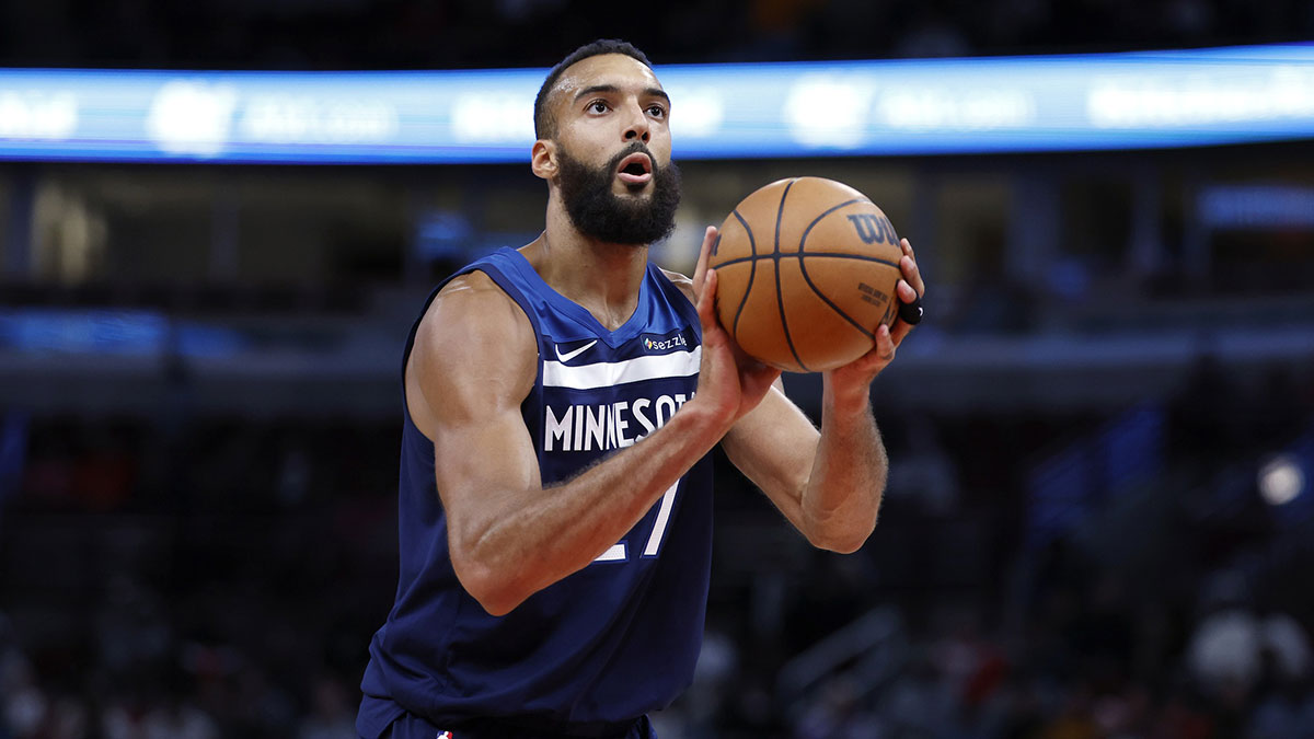 Minnesota Timberwolves center Rudy Gobert (27) shoots a free throw against the Chicago Bulls during the first half at United Center.