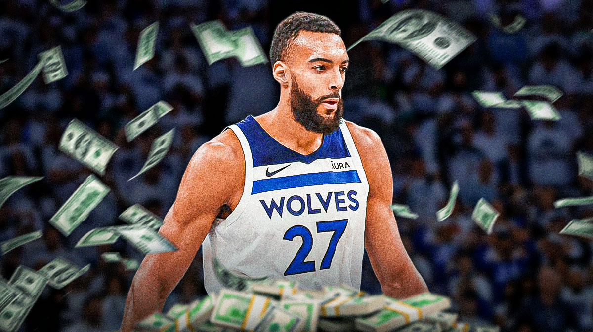 Rudy Gobert with money raining down around him featuring a Timberwolves-themed BG.