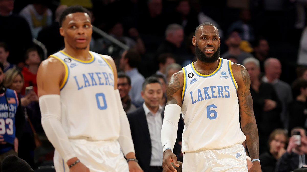 Los Angeles Lakers forward LeBron James (6) and guard Russell Westbrook (0) react during overtime against the New York Knicks at Madison Square Garden.