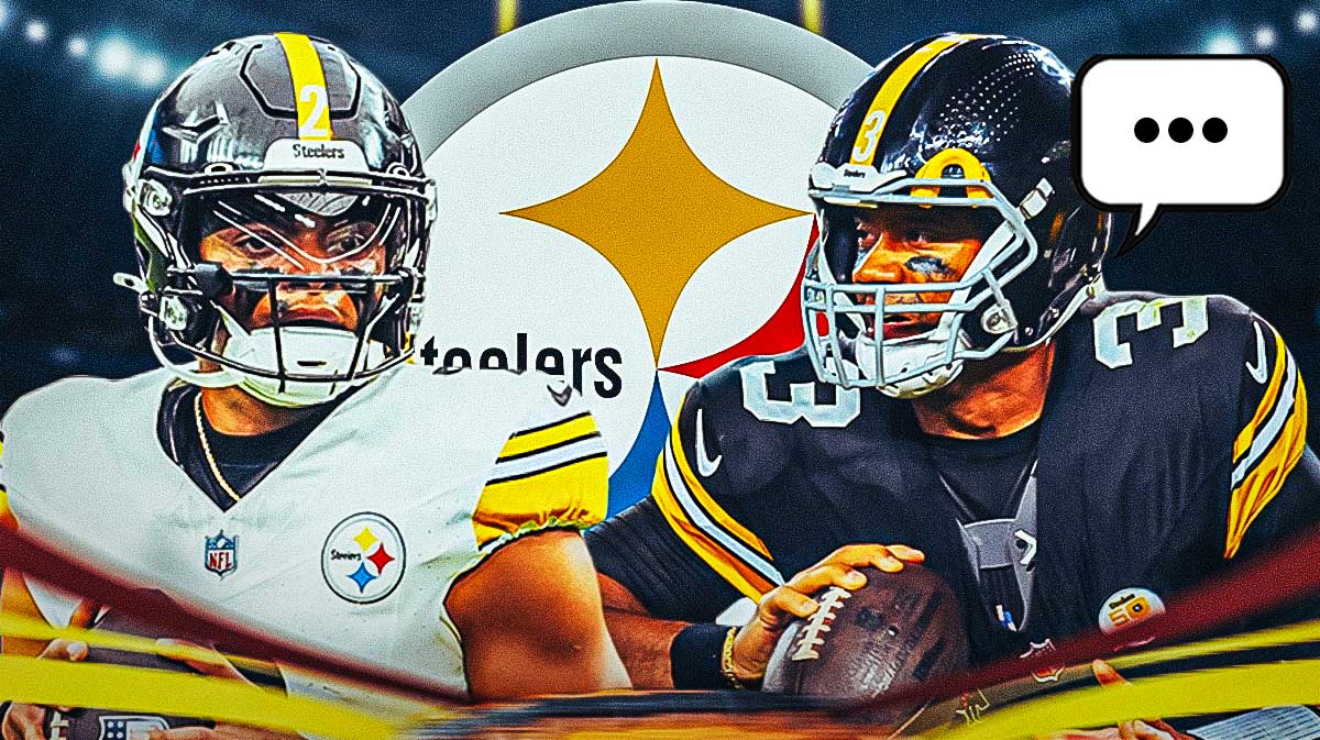 Pittsburgh Steelers QB Russell Wilson with a speech bubble that has the three dots emoji inside. He is next to Steelers QB Justin Fields. There is also a logo for the Pittsburgh Steelers.