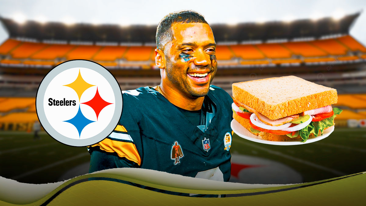 Russell Wilson with Steelers logo next to sandwich.