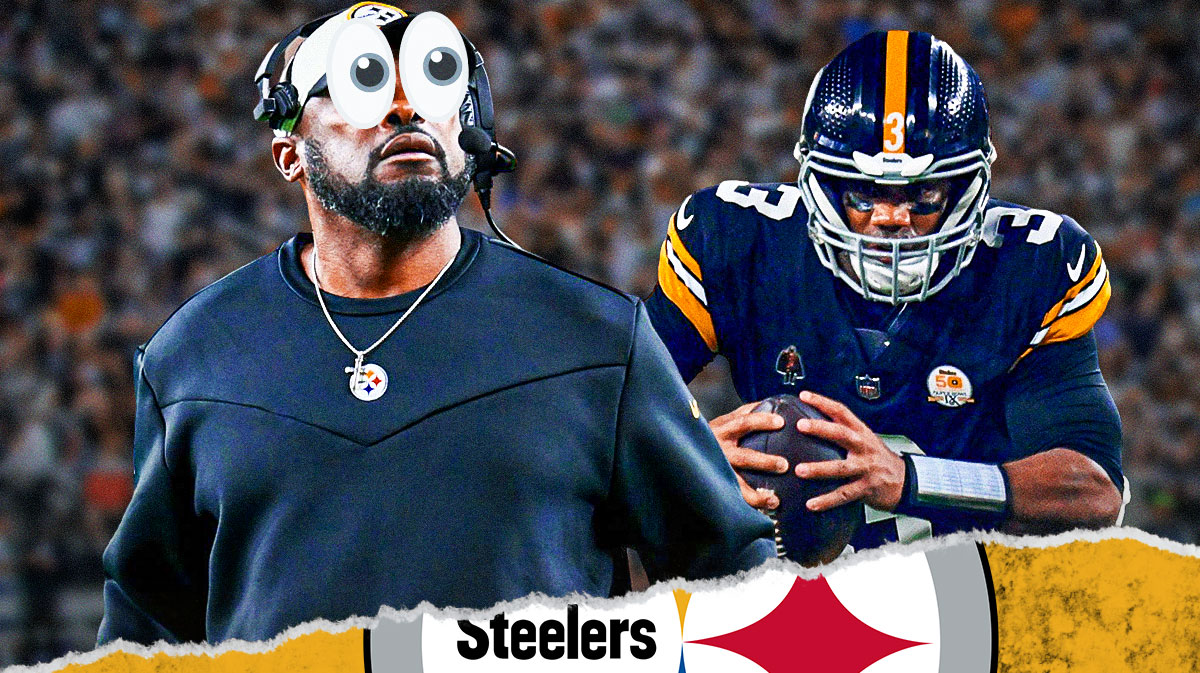 Russell Wilson on one side, Mike Tomlin on the other side with the big eyes emoji over his face