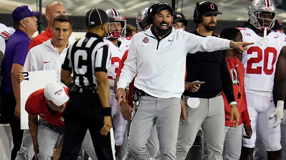  Ohio State Buckeyes head coach Ryan Day yells for a penalty against Oregon Ducks in the second half during the NCAA football game at Autzen Stadium.