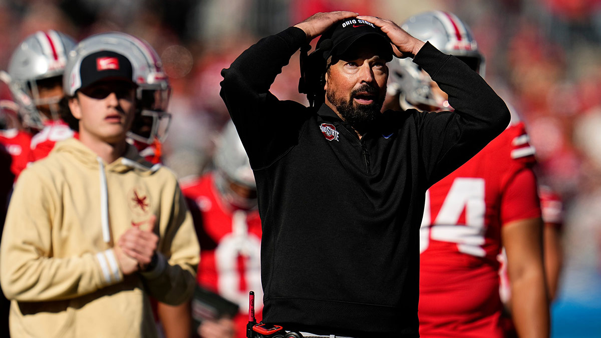 Ohio State Buckeyes head coach Ryan Day watches the scoreboard during the second half of the NCAA football game against the Nebraska Cornhuskers at Ohio Stadium in Columbus on Saturday, Oct. 26, 2024. Ohio State won 21-17.