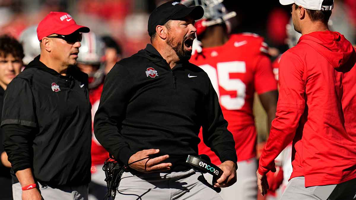 Ohio State Buckeyes head coach Ryan Day reacts to a targeting call on linebacker Arvell Reese during the second half of the NCAA football game against the Nebraska Cornhuskers at Ohio Stadium in Columbus on Saturday, Oct. 26, 2024. Ohio State won 21-17.