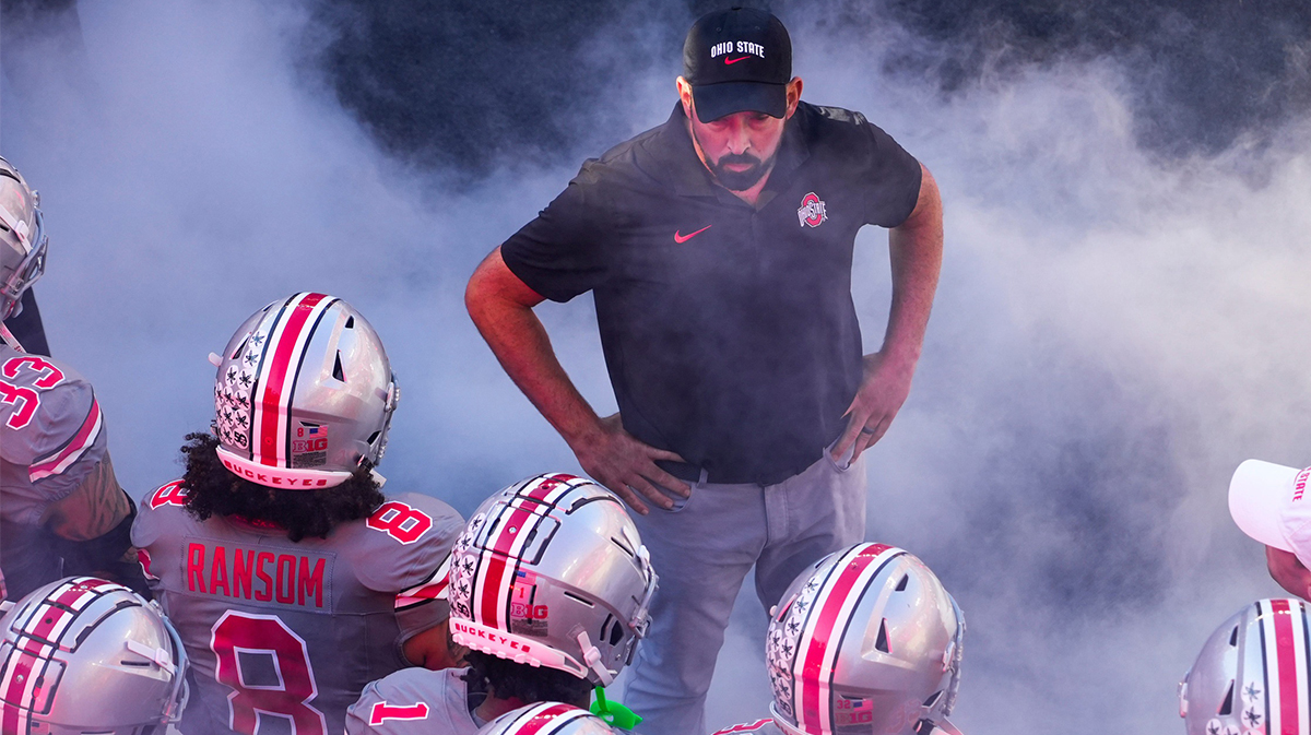 Oct 5, 2024; Columbus, Ohio, USA; Ohio State Buckeyes head coach Ryan Day looks at his players before the game against the Iowa Hawkeyes on Saturday.
