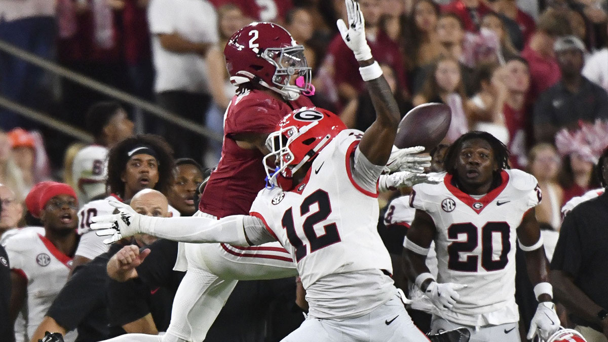 Alabama Crimson Tide wide receiver Ryan Williams (2) makes a catch behind Georgia Bulldogs defensive back Julian Humphrey (12) before running for a touchdown to put Alabama ahead in the fourth quarter at Bryant-Denny Stadium. Alabama defeated Georgia 41-34